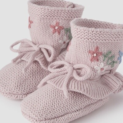 Elegant Baby Violet Ice Garter Knit Embroidered Ruffled Booties