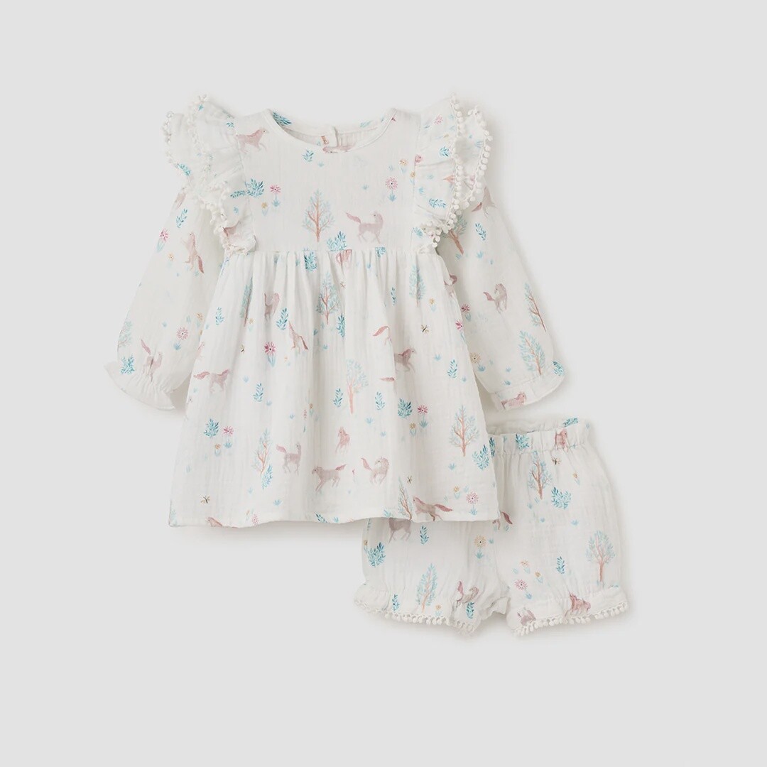 Elegant Baby Pony Meadow Organic Muslin Dress & Bloomer Set