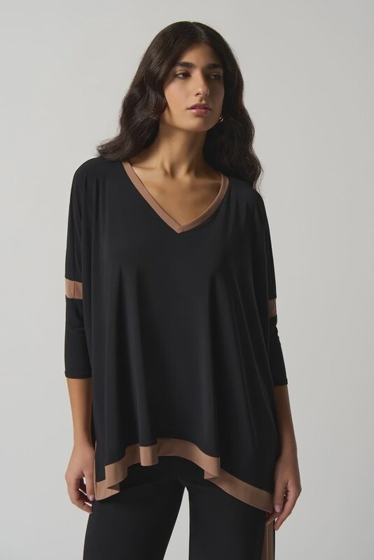 Joseph Ribkoff Color Block Black/Nutmeg V-Neck Top