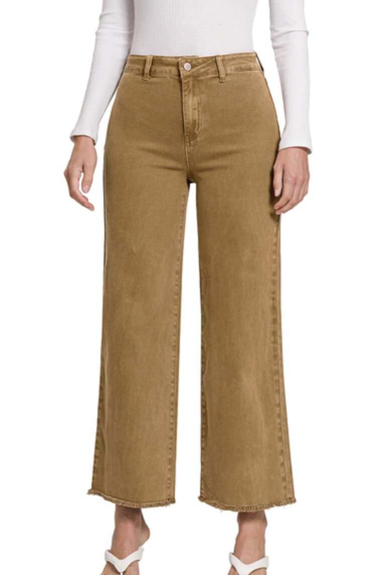 Acid Washed Frayed Hem Wide Leg Pants, Colour: Camel, Size: Small