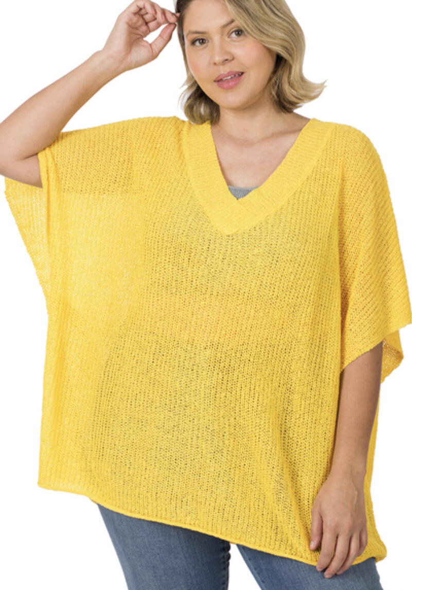 Plus Oversized V-Neck Sweater, Colour: Yellow, Size: 1XL