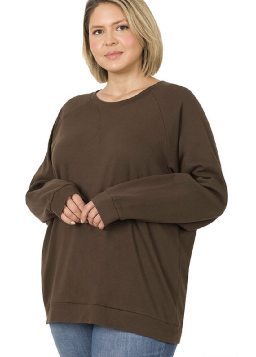 Plus Raglan Sleeve Round Neck Sweatshirt, Colour: Americano, Size: 1XL