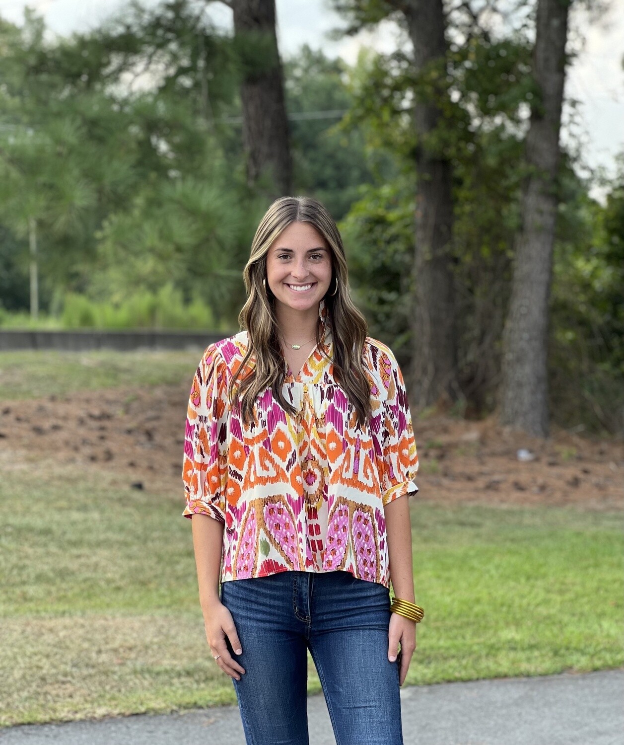 Jade Aztec Heat V-Neck Puff Sleeve Top