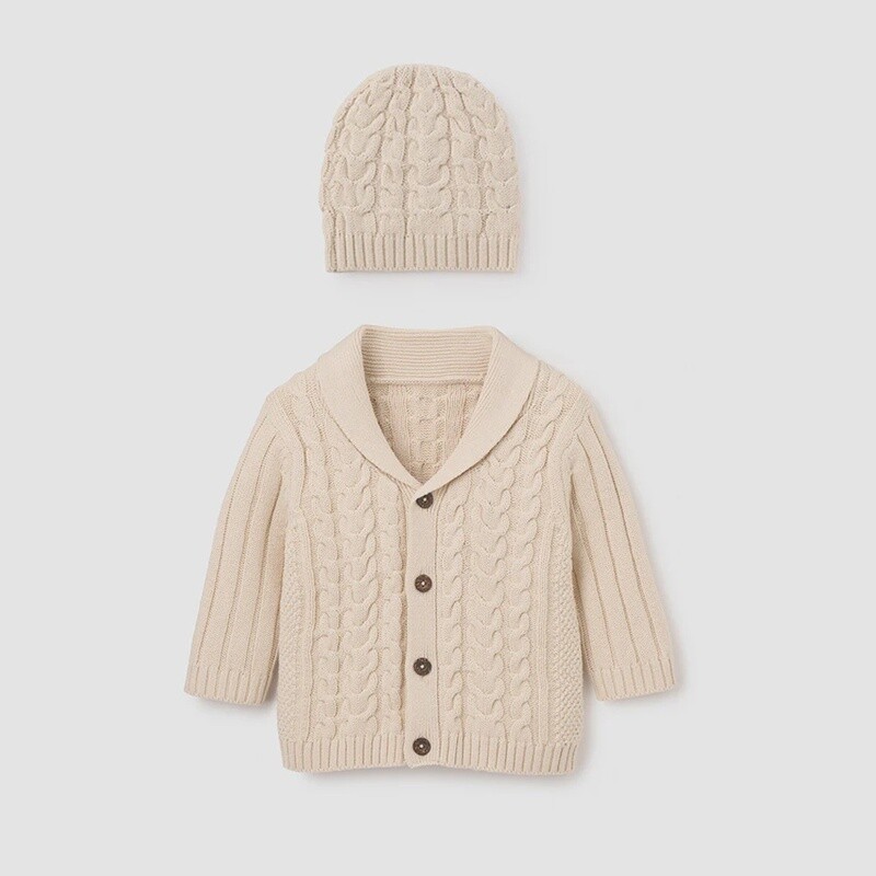 Elegant Baby Rainy Day Horseshoe Cable Knit Cardigan and Hat Baby Boxed Gift Set