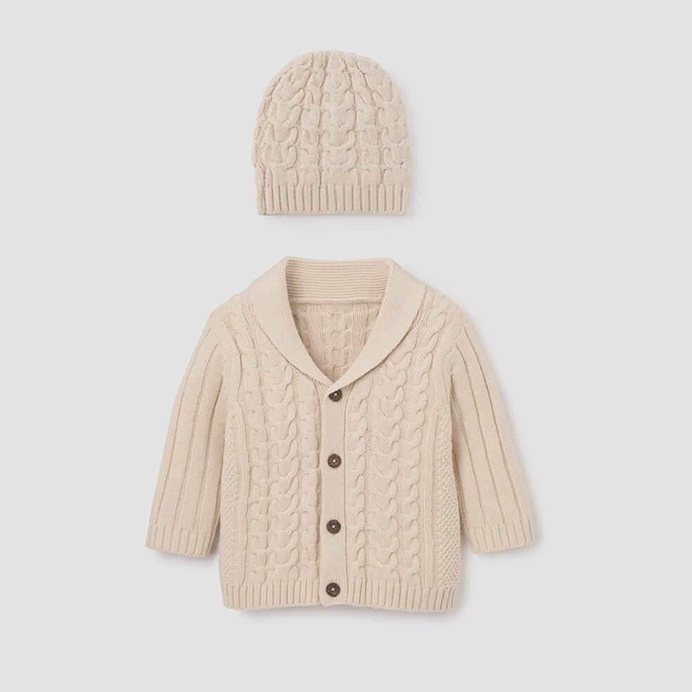 Elegant Baby Rainy Day Horseshoe Cable Knit Cardigan and Hat Baby Boxed Gift Set, Colour: Rainy Day, Size: 6-9M