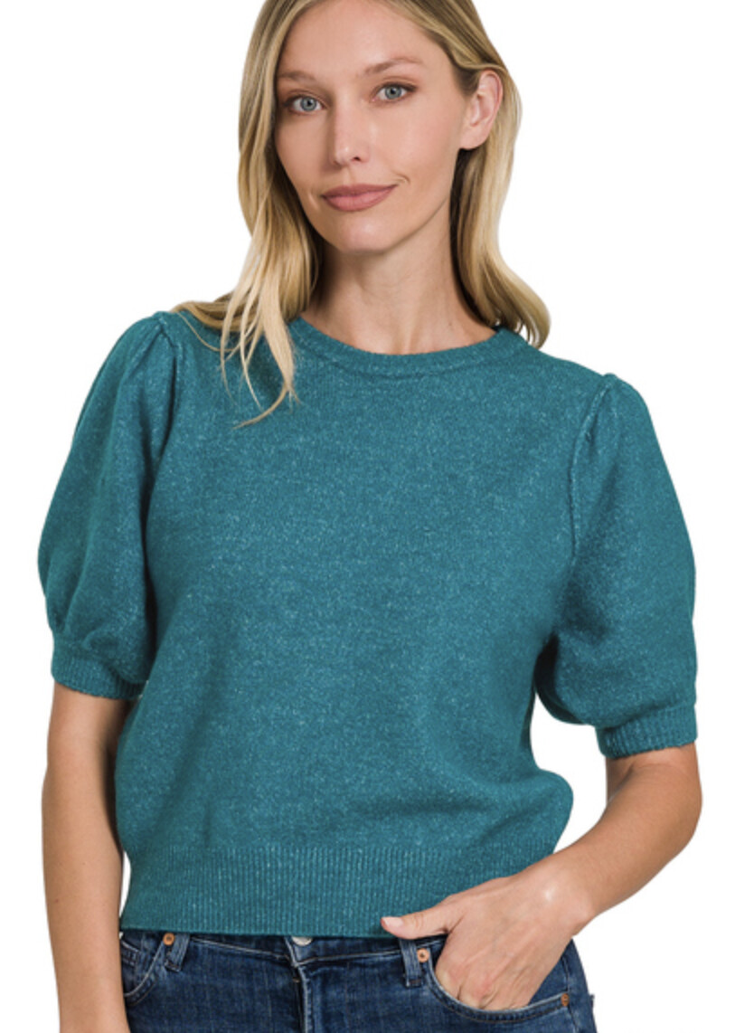 Melange Puff Short Sleeve Round Neck Sweater, Colour: Teal, Size: Medium