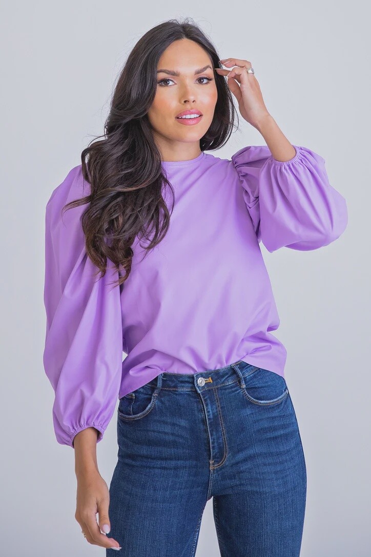 Karlie Faux Leather Puff Sleeve Top, Colour: Purple, Size: Small