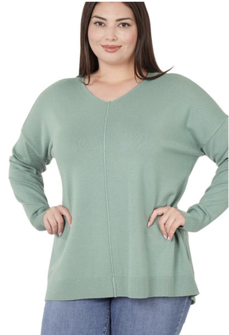 Plus Size Hi-Low Front Seam Sweater, Colour: Blue Grey, Size: 1XL