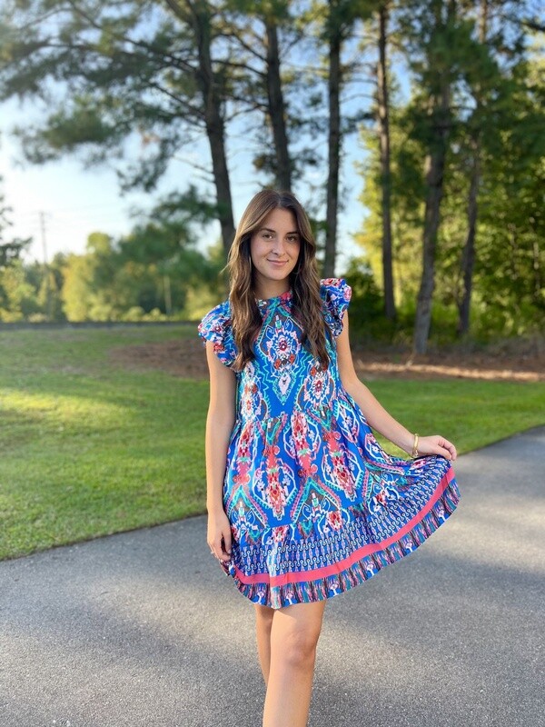 Tribal Border Flutter Sleeve Double Ruffle Dress