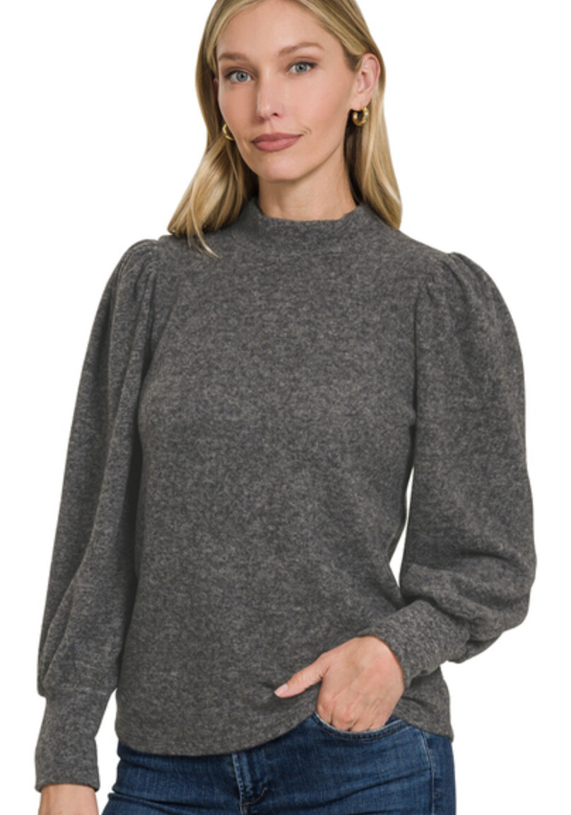 Melange Puff Sleeve Long Sleeve Mockneck Sweater, Colour: Black, Size: Small