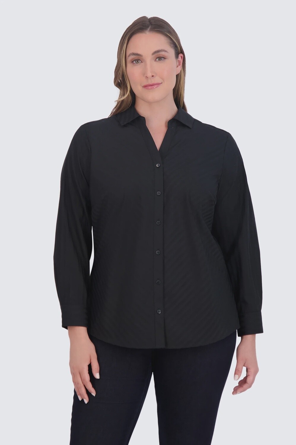 Mary Plus No Iron Dobby Stripe Shirt, Colour: Black, Size: 18W