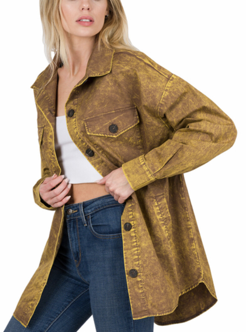Plus Size Cotton Vintage Washed Shacket, Colour: Dark Camel, Size: 1XL