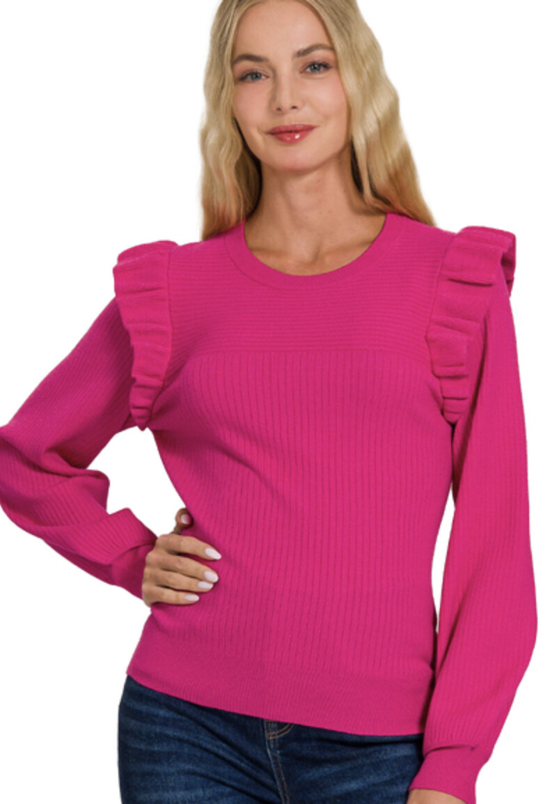 Viscose Ruffle Trim Long Sleeve Sweater, Colour: Hot Pink, Size: Small