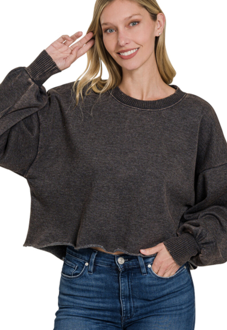 Acid Wash Fleece Cropped Pullover, Colour: Ash Black, Size: Small