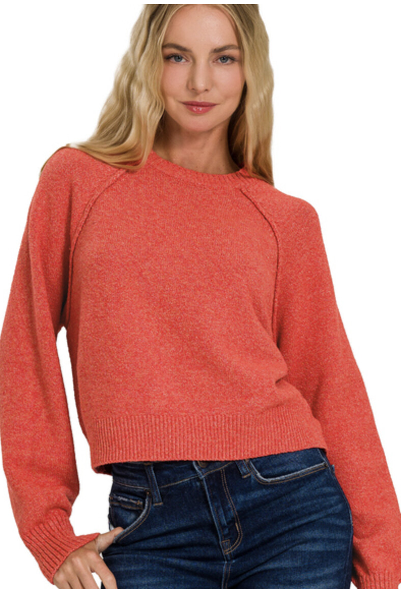 Melange Raglan Sleeve Sweater, Colour: Orange Red, Size: Small