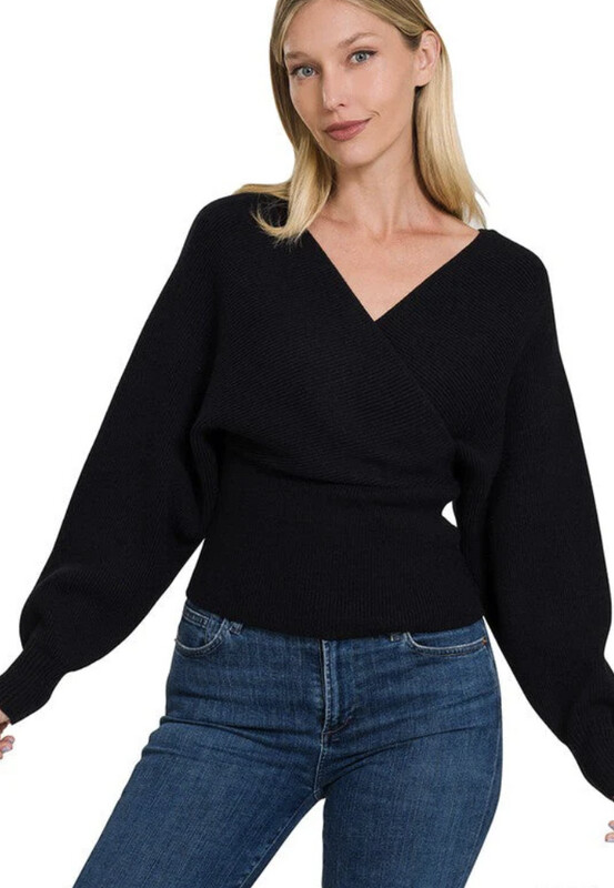 Viscose Cross V-Neck Long Sleeve Sweater, Colour: Black, Size: Small