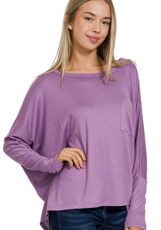 Dolman Sleeve Round Neck Pocket Shirt with Front Pocket, Colour: Violet, Size: S/M