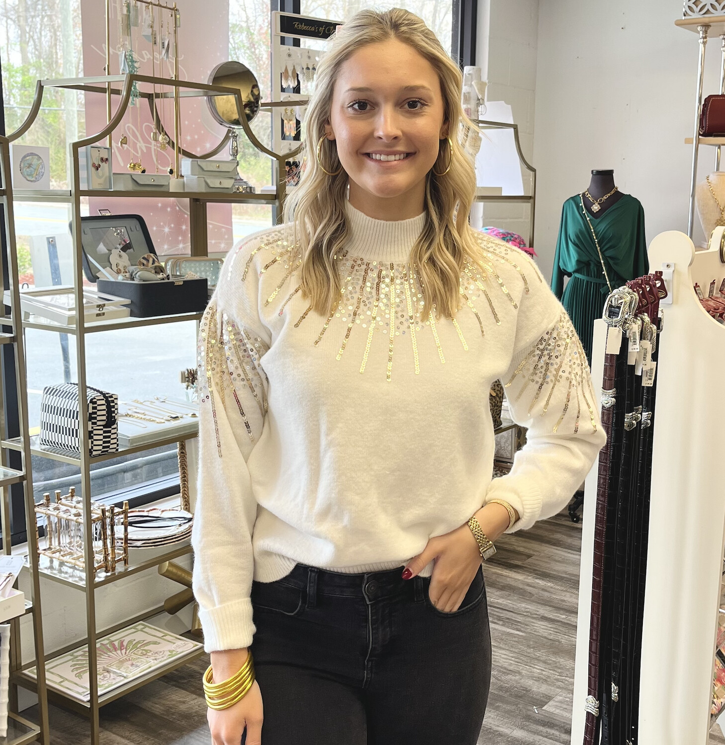 Off White Mock Neck Sequin Sweater