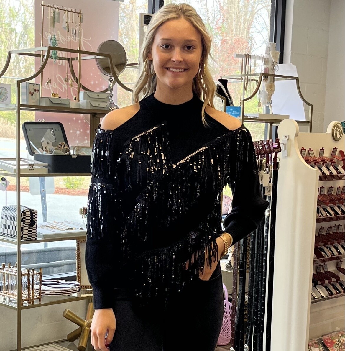 Black Sequin Fringe Trimmed Cold Shoulder Sweater