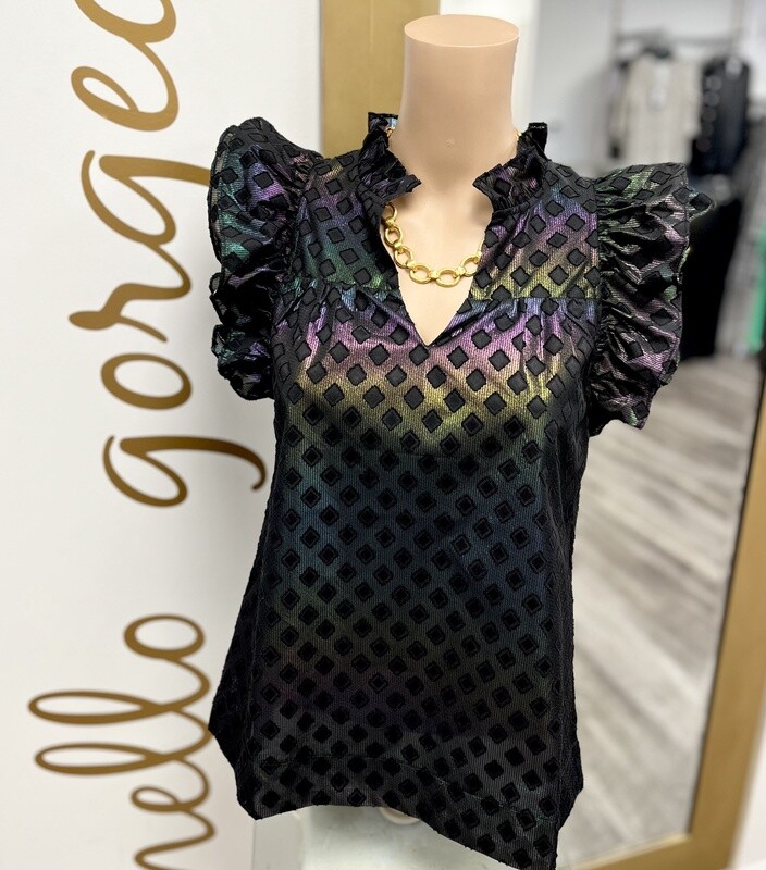 Joy Joy Black Matellic Pattern Top- Medium