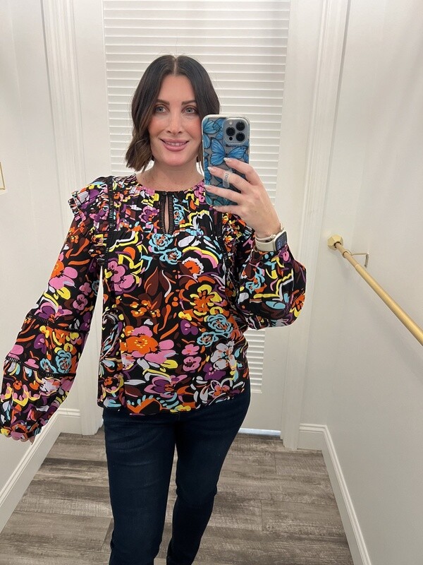 Hip Floral Ruffle Long Sleeve Top