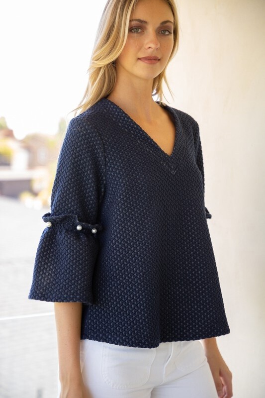 Pearl Detail Bell Sleeve Blouse, Size: Small, Colour: Navy