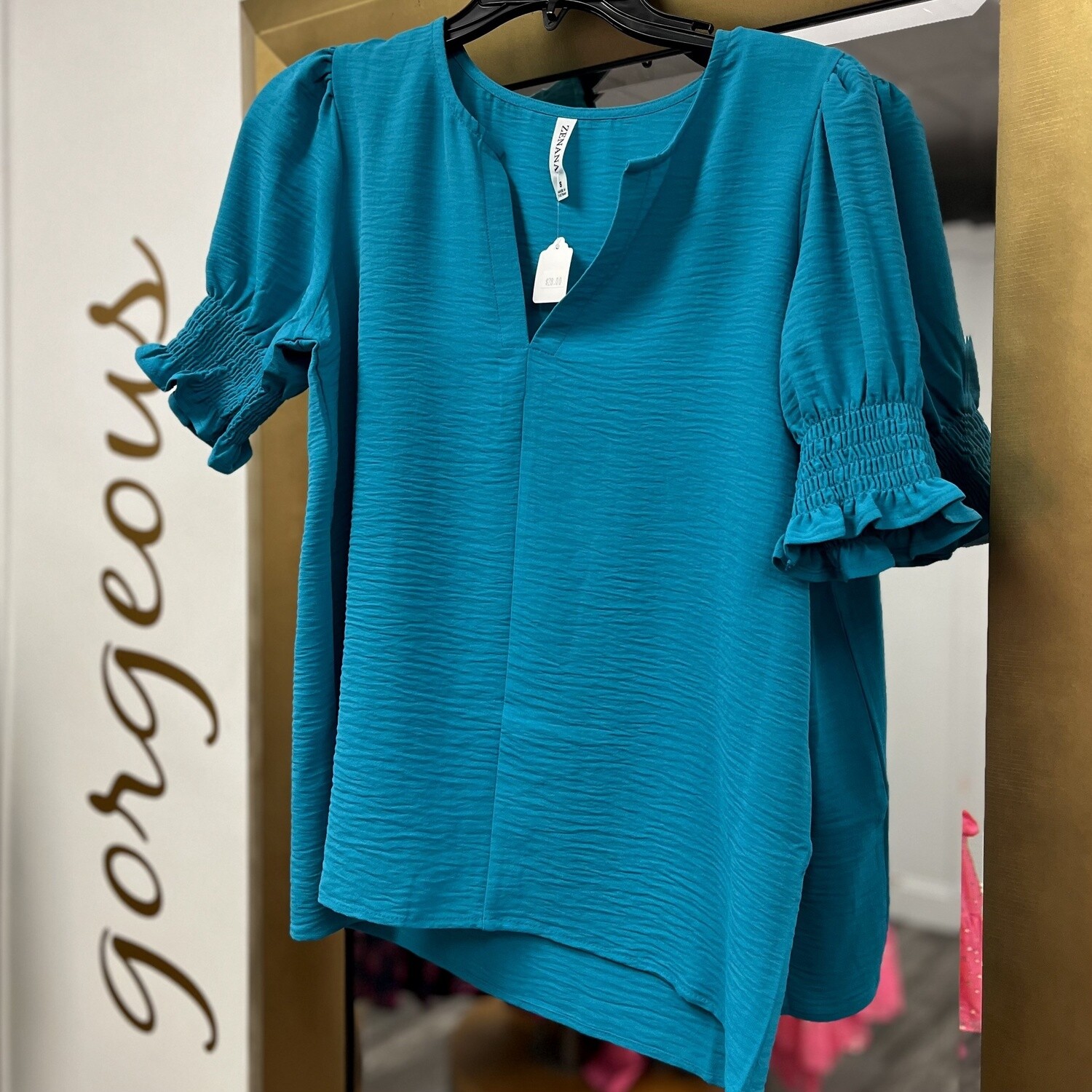 Slit Neck Elastic Short Sleeve Top, Size: Small, color: Teal