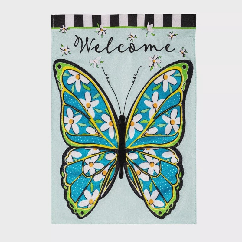 Floral Butterfly Welcome Linen Garden Flag