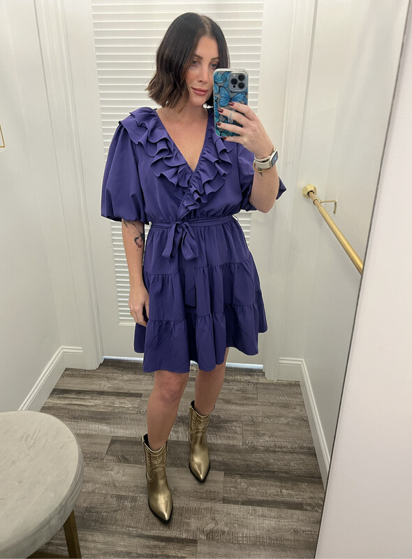 Joy Joy Purple Ruff Faux Wrap Tier Dress