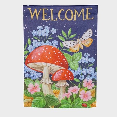 Evergreen Welcome Mushroom Suede Garden Flag