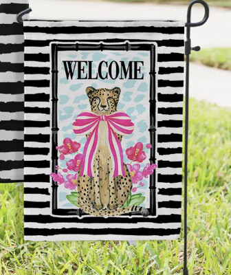Welcome Black Stripe Cheetah with Pink Bow Garden Flag