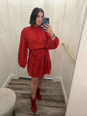 Mock Neck Tiered Waist Sheer Sleeve Red Dress