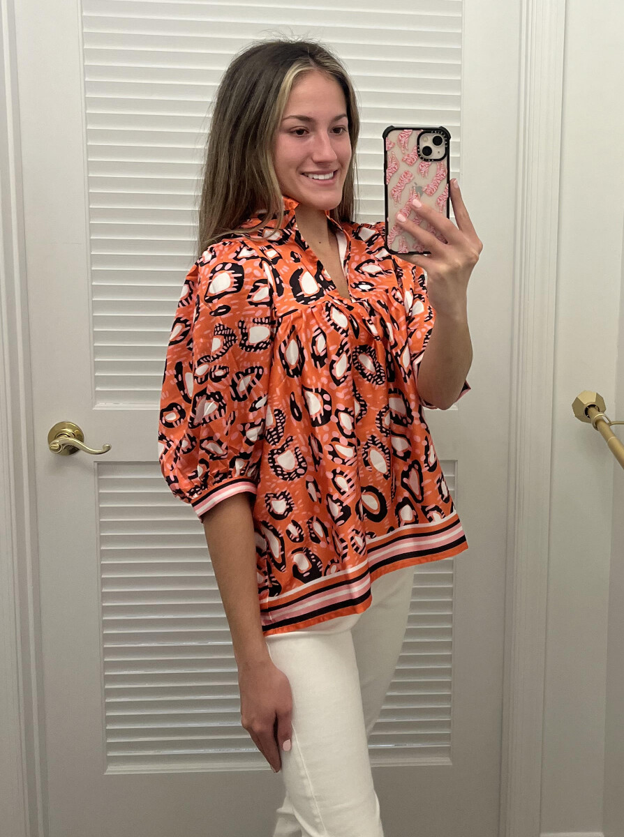 Jade High Neck Puff Sleeve Top-Abstract Border