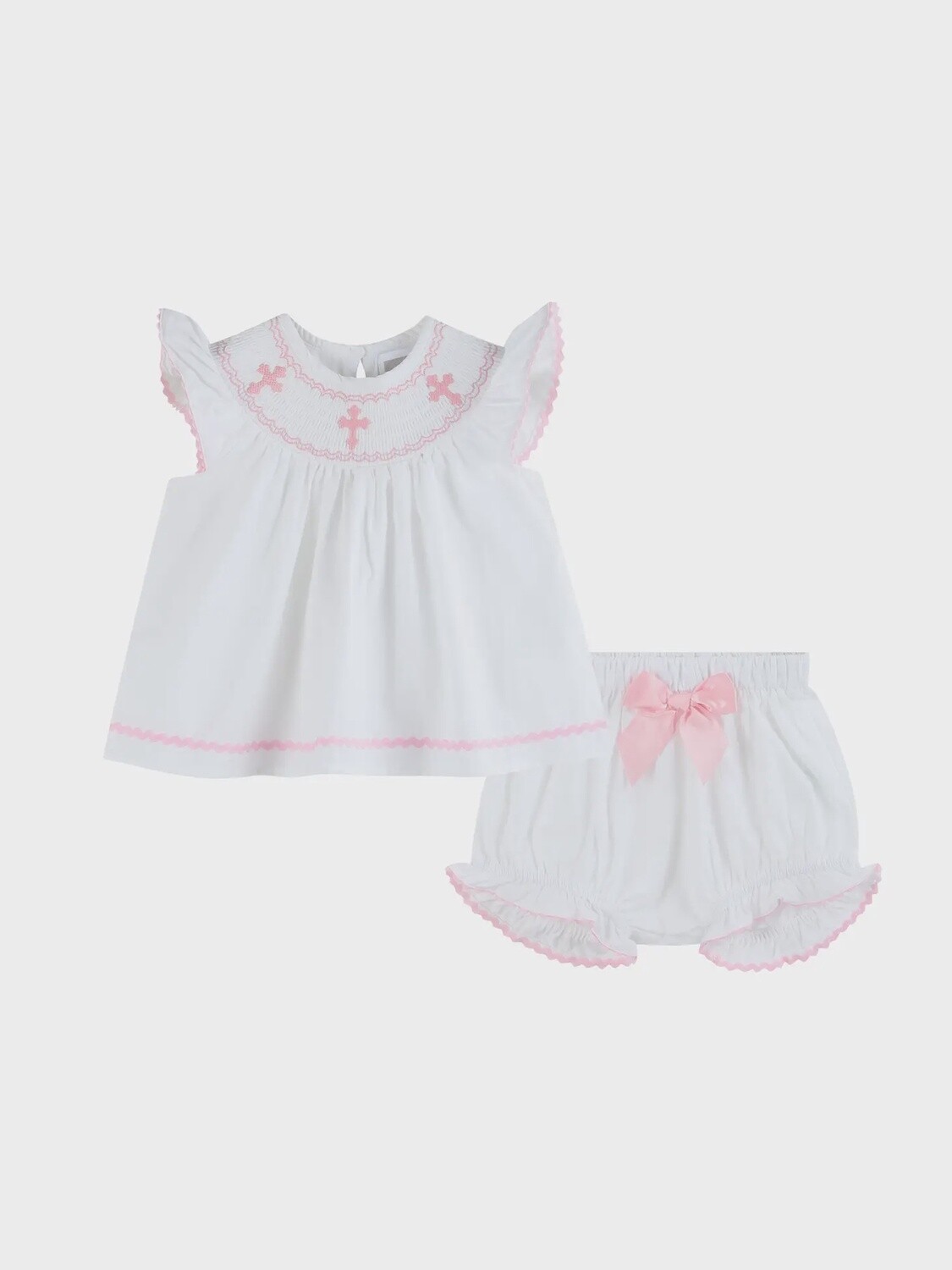 Girls White and Pink Cross Smocked Dress and Bloomer Set