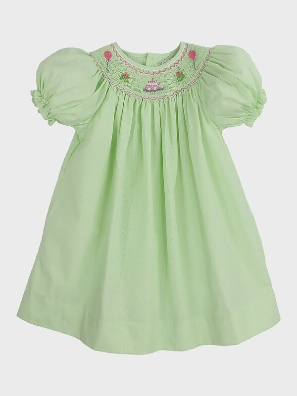 Girls Green Birthday Embroidered Smocked Dress