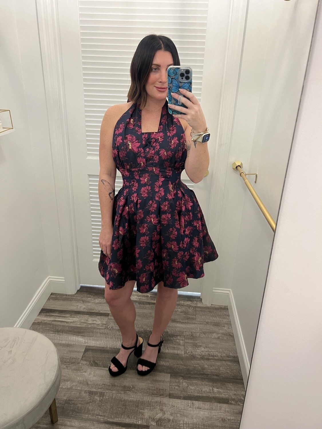 Navy/Pink Cross Neck Tied Back Pleated Tube Mini Dress