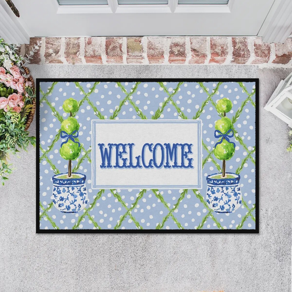 Welcome Topiary Blue Ginger Jar Doormat
