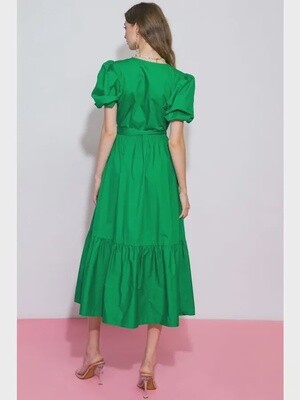 Green Tiered Poplin Midi Dress