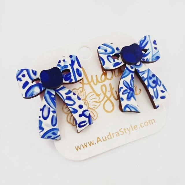 Audra Style Blue and White Bow Chinoiserie Stud