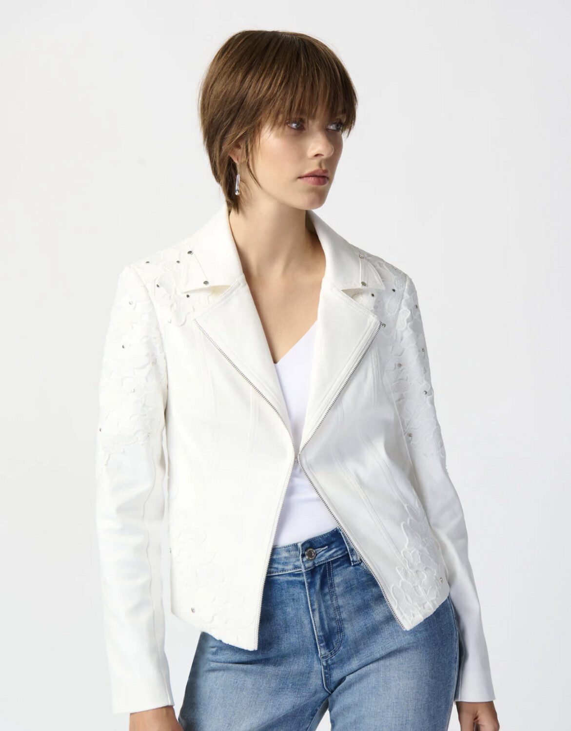 Joseph Ribkoff Studded Foiled Suede Jacket with Floral Applique