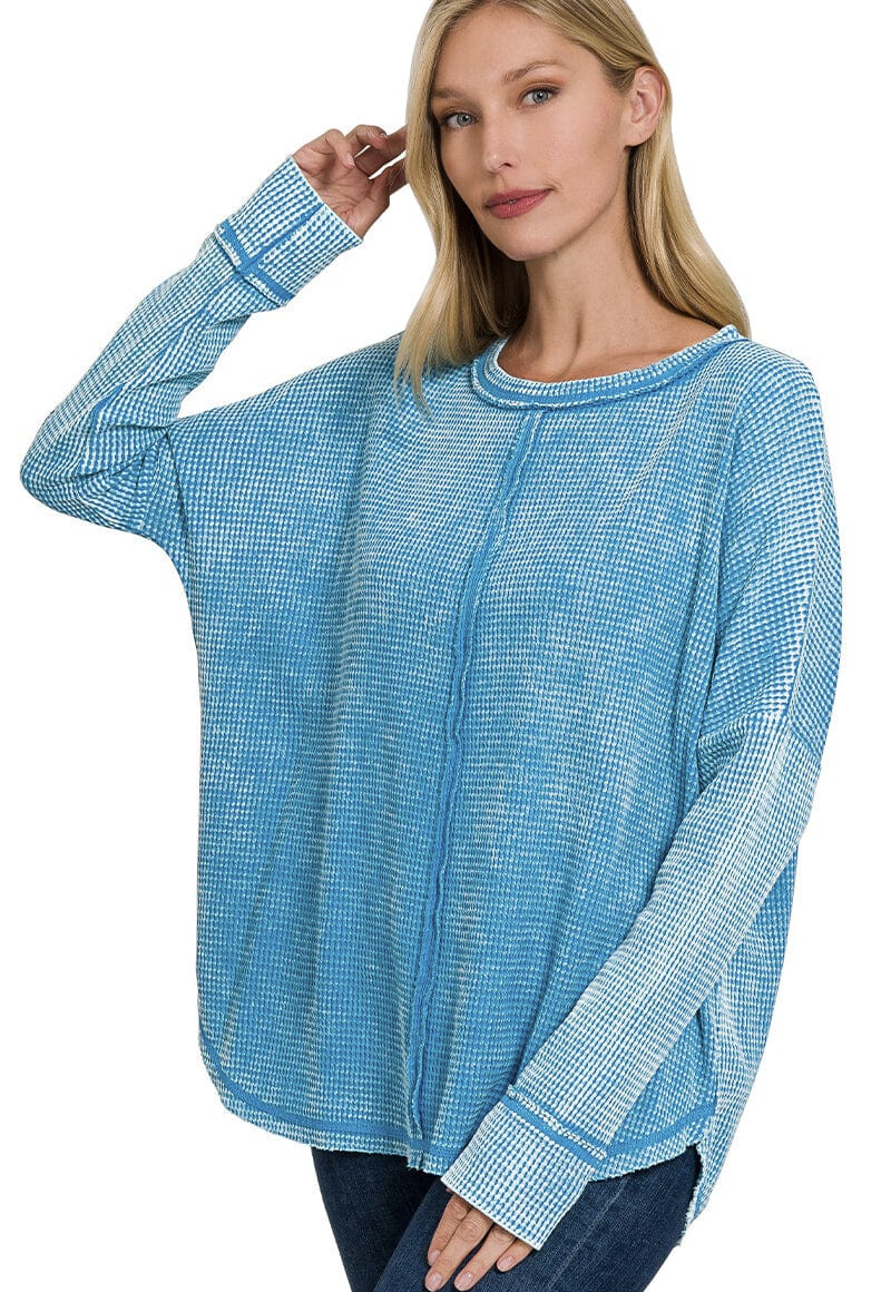Waffle Knit Top - Long Sleeve, Size: Small/Medium, color: Sky Blue