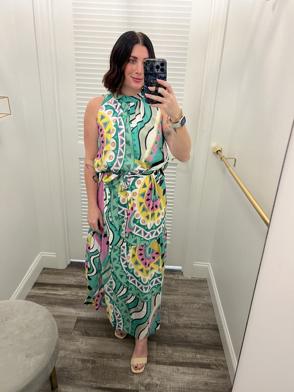 Jade Pleated Neck Maxi-Geo Tones