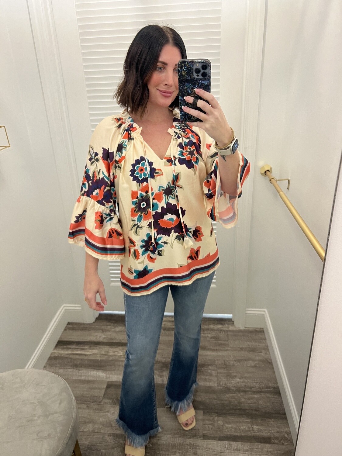 Jade Peasant Flutter Sleeve Top-Bouquet Bor
