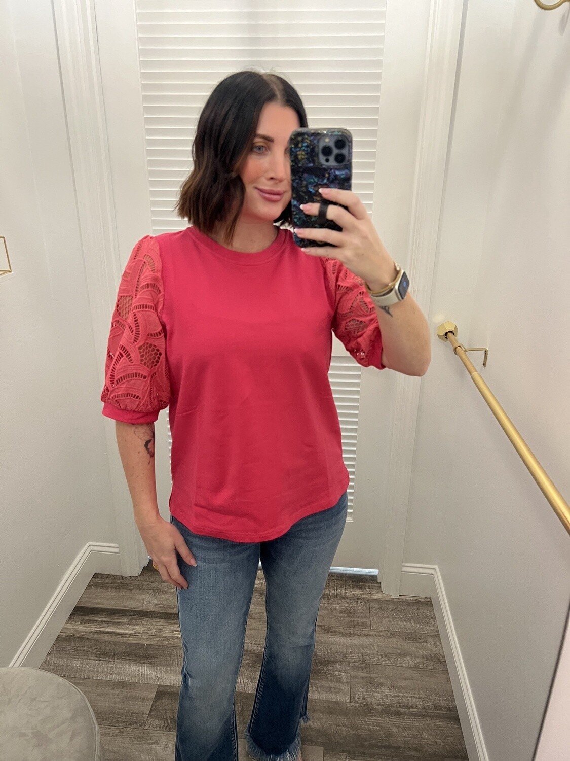 Jade Lace Sleeve Jersey Top-Pink