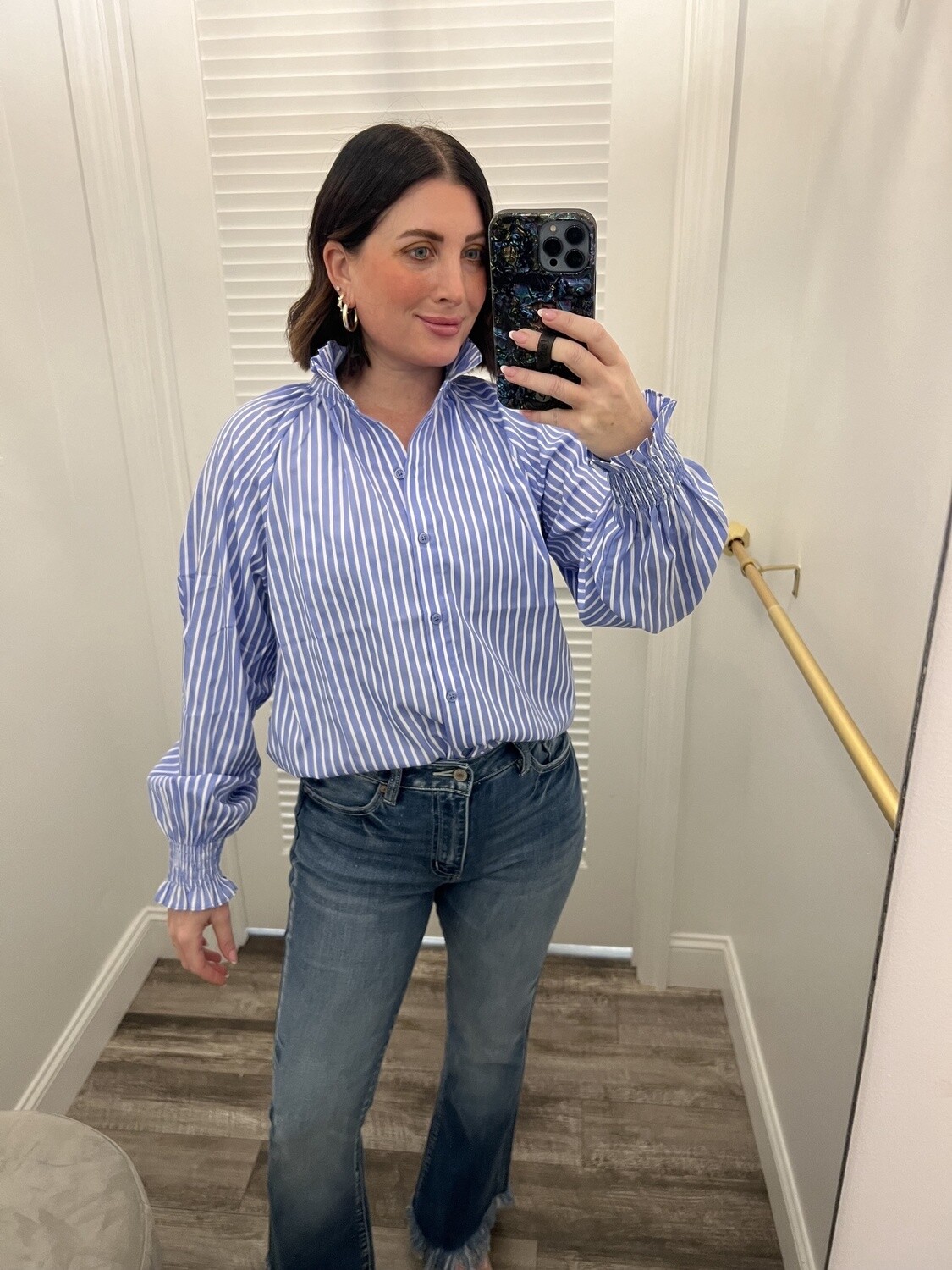 Jade Ruffle Stand Collar Blouse-Blue Stripe