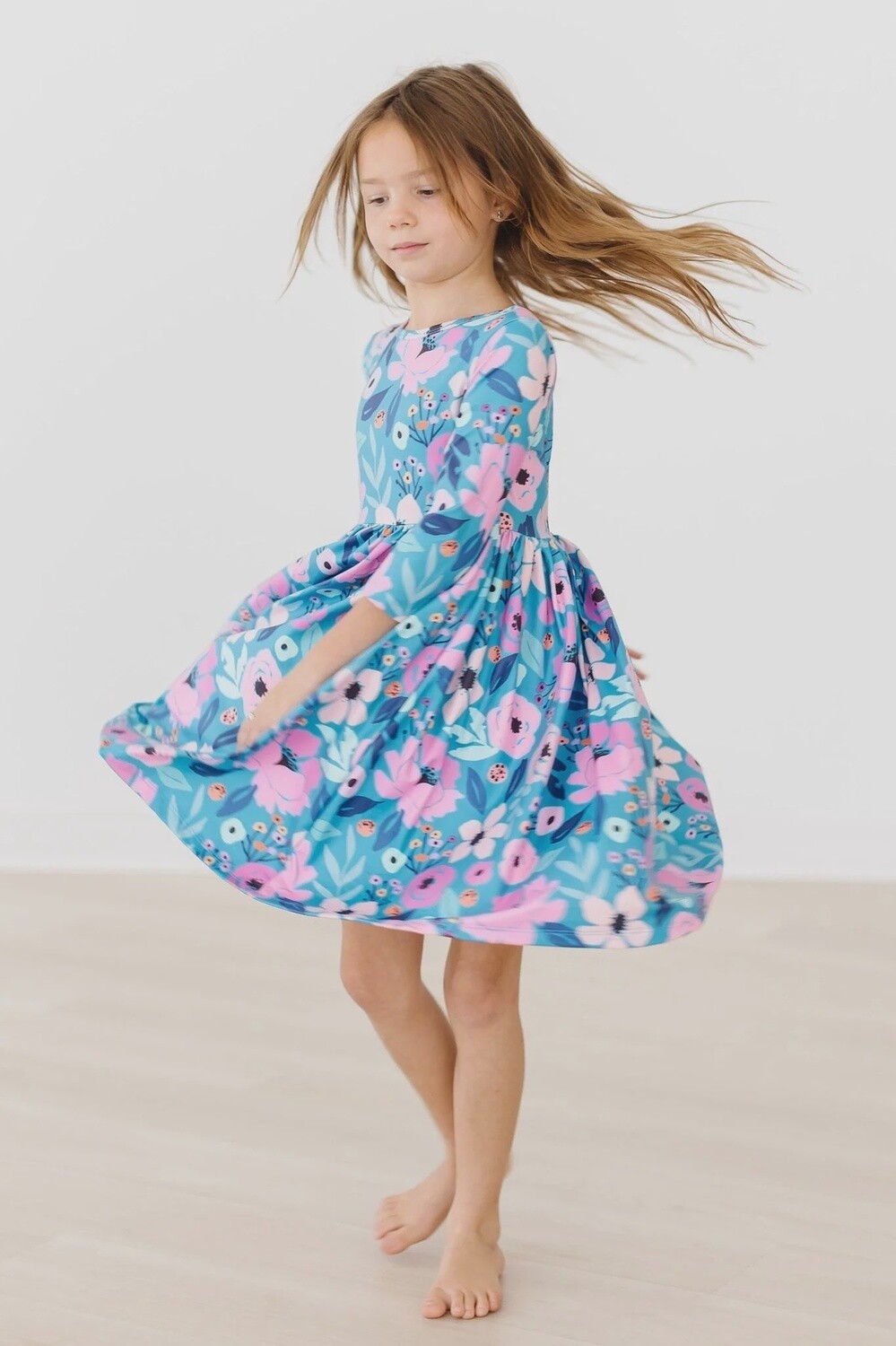 Mila and Rose Twirling in Teal 3/4 Sleeve Twirl Dress