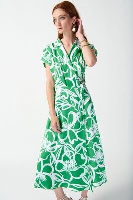 Joseph Ribkoff Green/Vanilla Satin Floral Flowy Wrap Dress