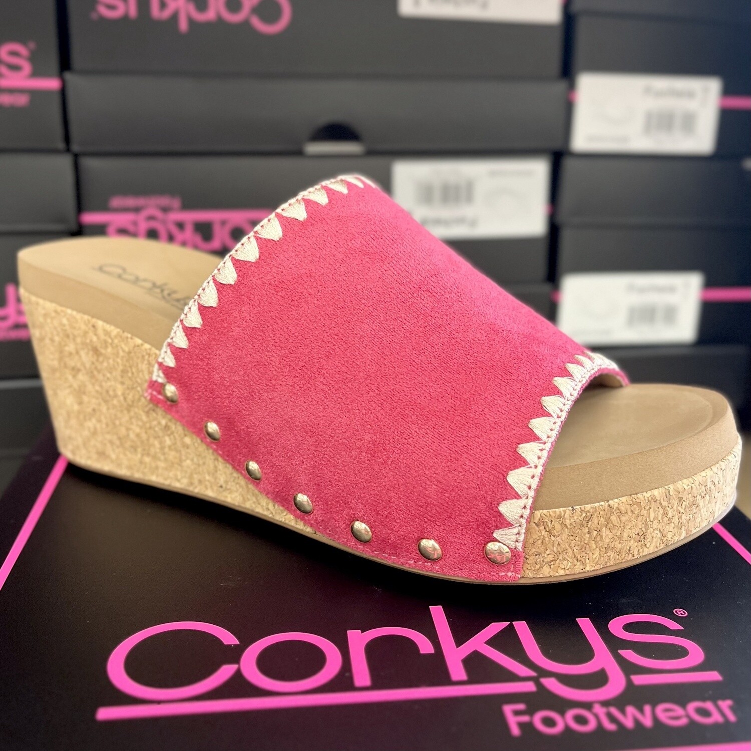 Corkys Fuchsia Stitch N Slide Wedges, Size: 6