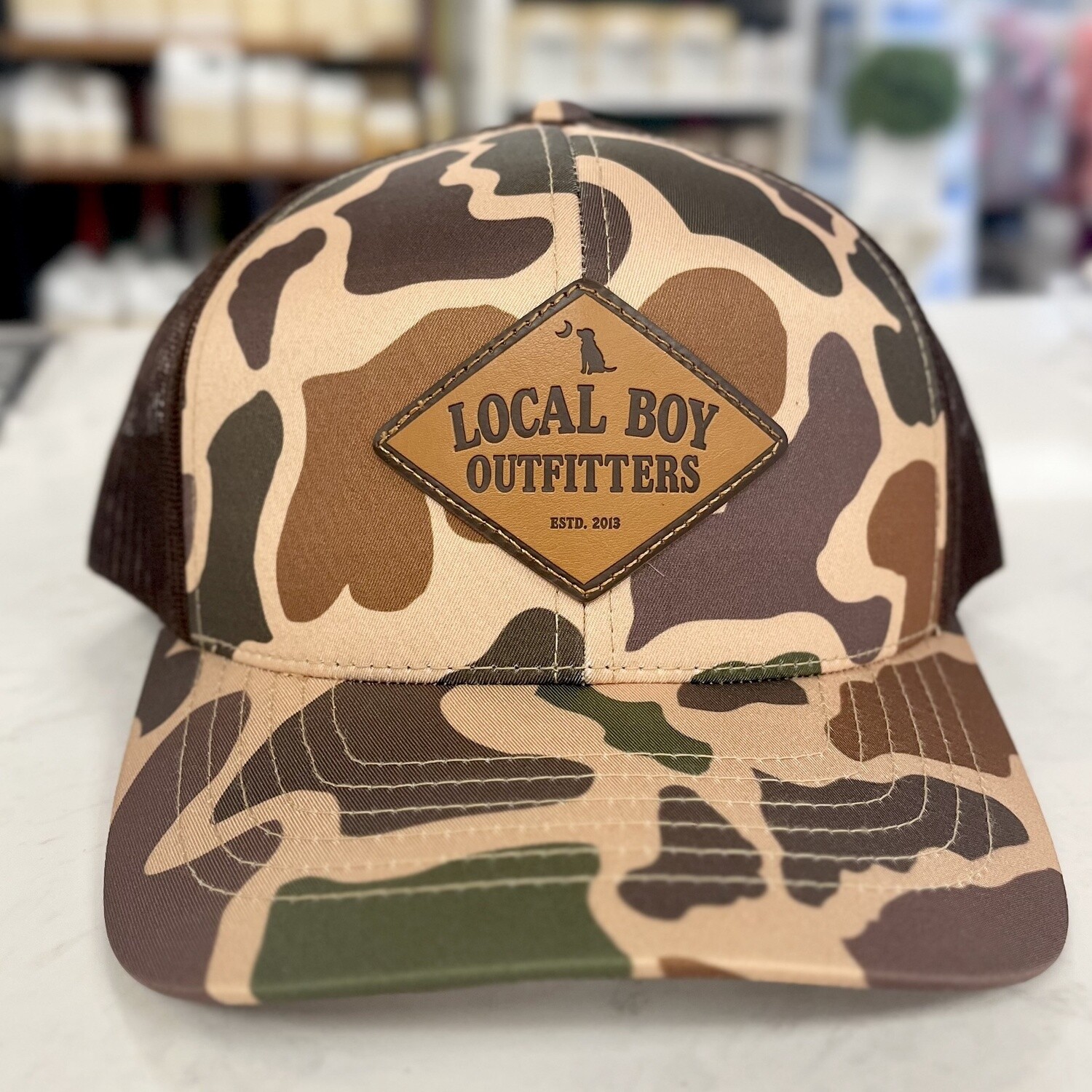 Local Boy Outfitters Men&#39;s Camo/Brown Founder&#39;s Leather Patch Hat