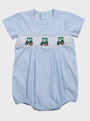 Blue Tractor Smocked Bubble